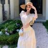 New design heavy industry suit summer island vacation style beautiful apricot one-word shoulder top half-length skirt