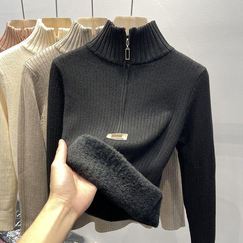 Neues integriertes Samt plus Samt verdicktes vielseitiges Basic-Shirt für Damen mit halbem Rollkragen, innerer Pullover