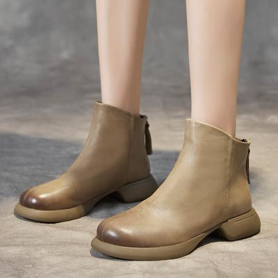 Herbst und Winter neue erste Schicht Rindsleder runde Zehe Retro polierte kurze Stiefel Damen handgefertigte Damenschuhe Martin Stiefel vielseitig Tide