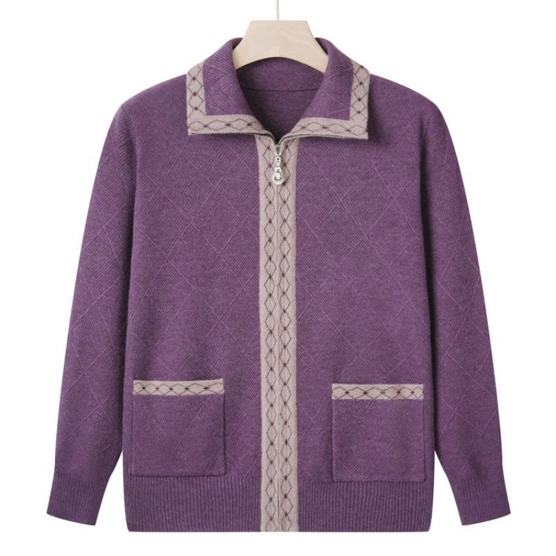 Mom Autumn Knitted Sweater Lapel Top Medium Old Sweater Old Woman Clothes Old Lady Autumn Coat