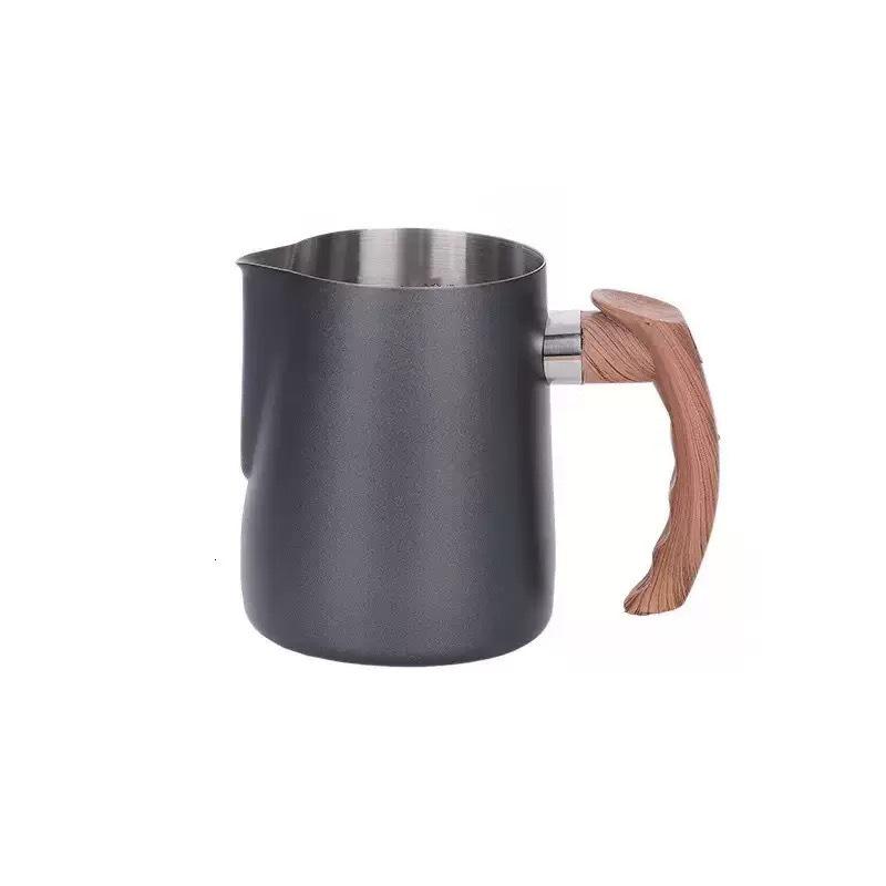 Stainless Steel Latte Art Cup with Wooden Handle and Scale - Thickened Milk Frothing Cup with Pointed Spout for Coffee Art