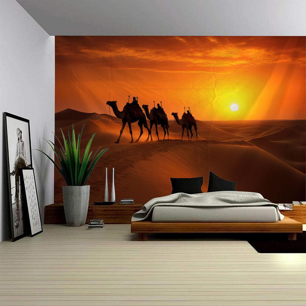 Desert Landscape Tapestry Sunset Camel Wall Art Background Cloth, Golden Sand Dune Wall Hanging, Bohemian Ethnic Home Decoration