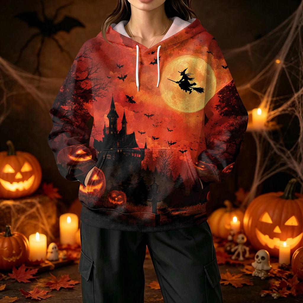 Women's Casual Halloween Print Hoodie with Front Pockets