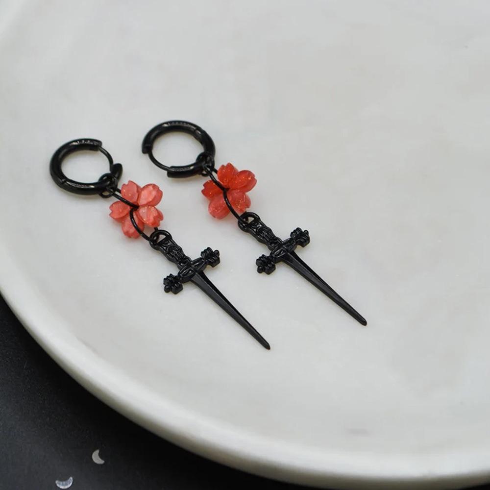 Gothic Charm Black Cross Sword Sakura Flower Pendant Dangle Earrings for Women Halloween Party Fashion Zircon Accessories Gift