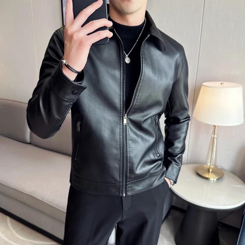 Men Bomber Leather Jacket Anti-Wind Lapel Solid Casual Slim Fit Jacket Coats Fashion Motorcycle Pu Leather Jacket