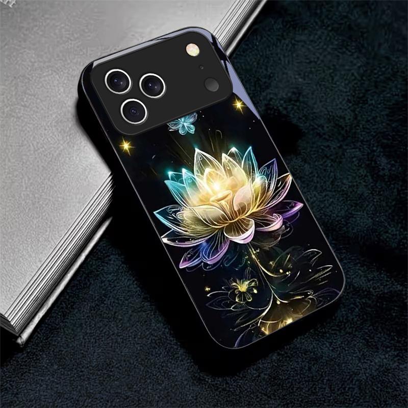 Crystal Lotus Art For Apple Black Phone Case For iPhone 17 16 15 14 13 12 Mini 11 Pro Max 17 Air 7 8 Plus XR Glass Back Cover