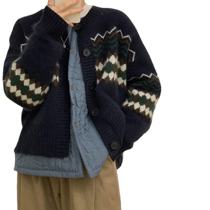 Autumn and winter new loose casual lazy wind knitted cardigan top women's retro jacquard sweater jacket