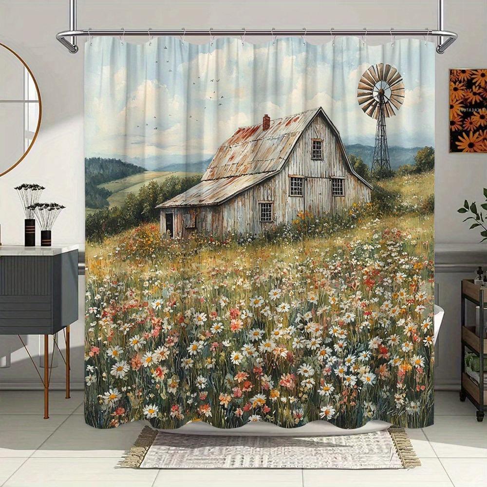 1pc Shower Curtain Rustic Charm Countryside Barn and Windmill Waterproof for Bathroom Decor