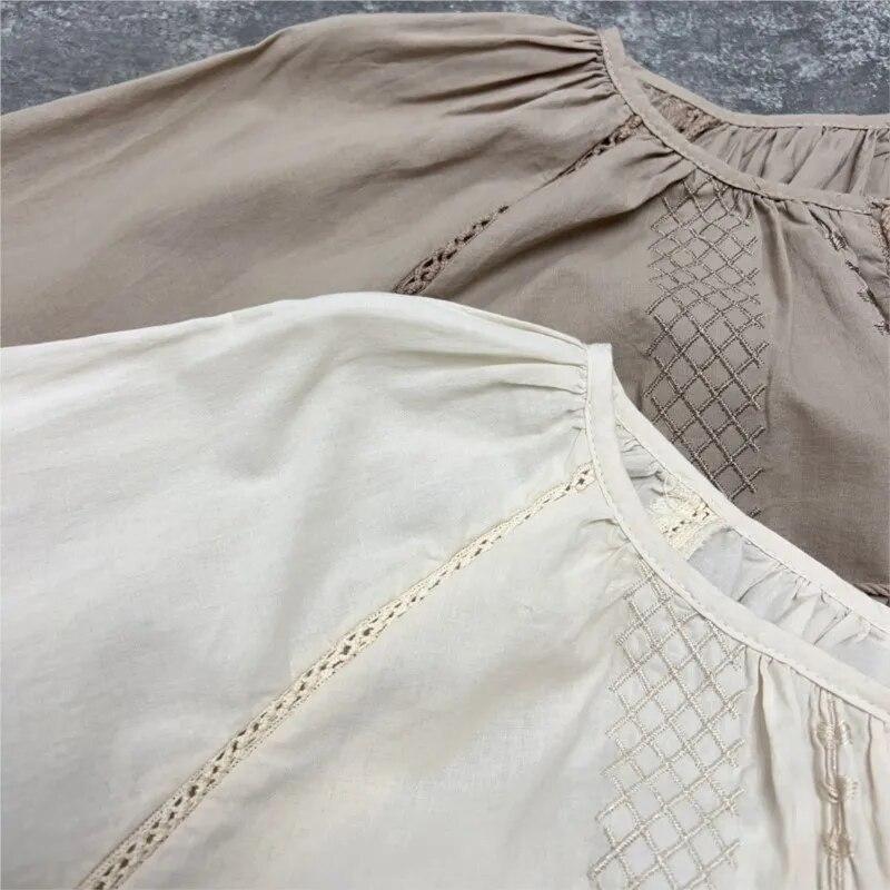 Johnature Frühling Sommer Aushöhlen Casual Frauen Tops Vintage Mori Lose O-ansatz Quaste Einfache Feste Farbe Weibliche Blusen