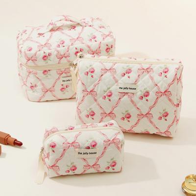 Bag Large Capacity Zipper Closure Rose Bow Print Cotton Quilted Portable Lightweight Lipstick Eyebrown Pencil Makeup Brush