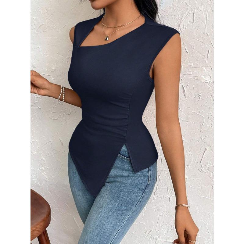 DAFIFY Women's Fashion Casual Summer Spring Solid Color Print Sleeveless Oblique Collark Blouses & Shirts