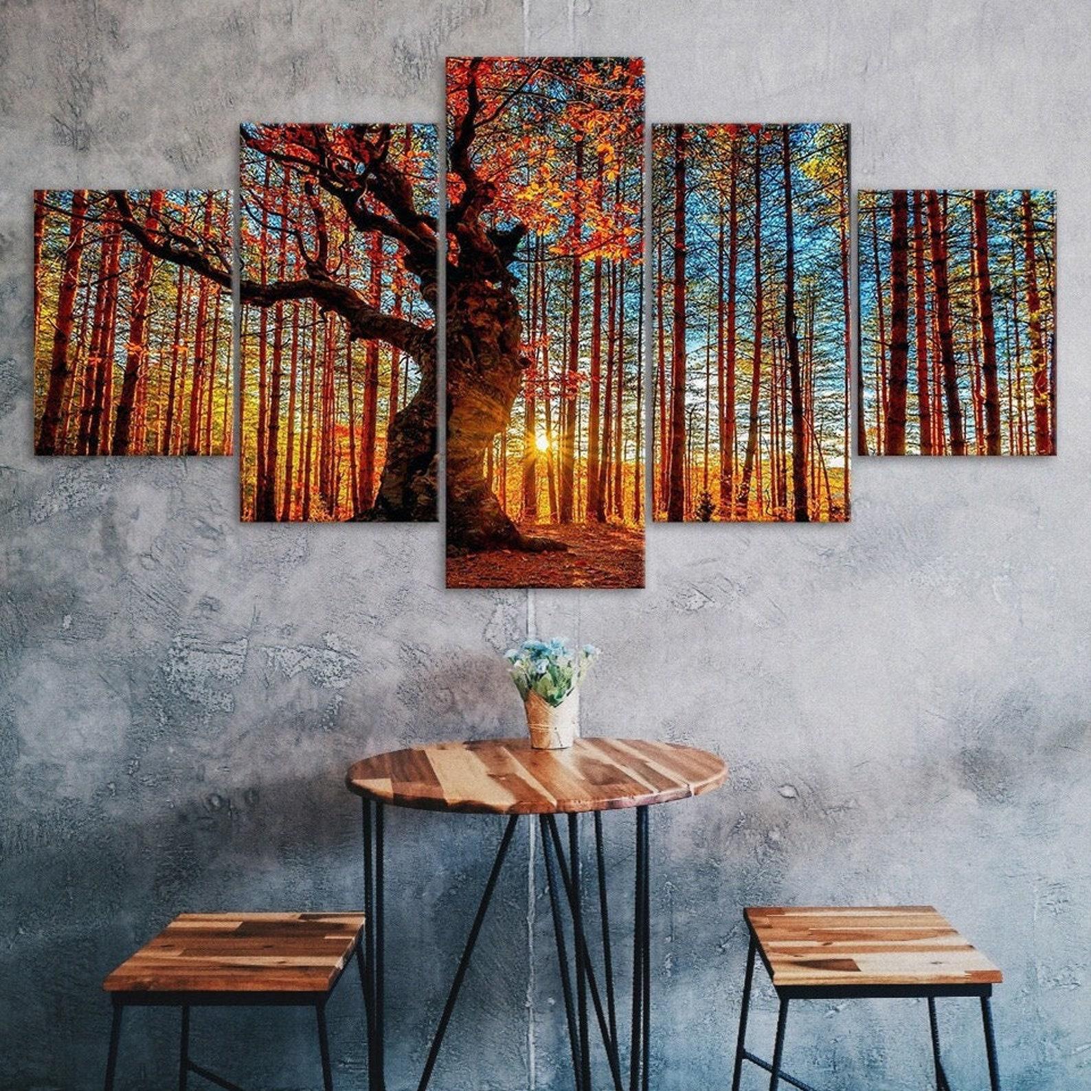 

Forest Tree Sunset Scene 5 Piece Canvas Wall Art Multi Panel Print Modern Nature Poster Home Decor Picture Gift For Him For Her 20X35 20X45 20X55CM