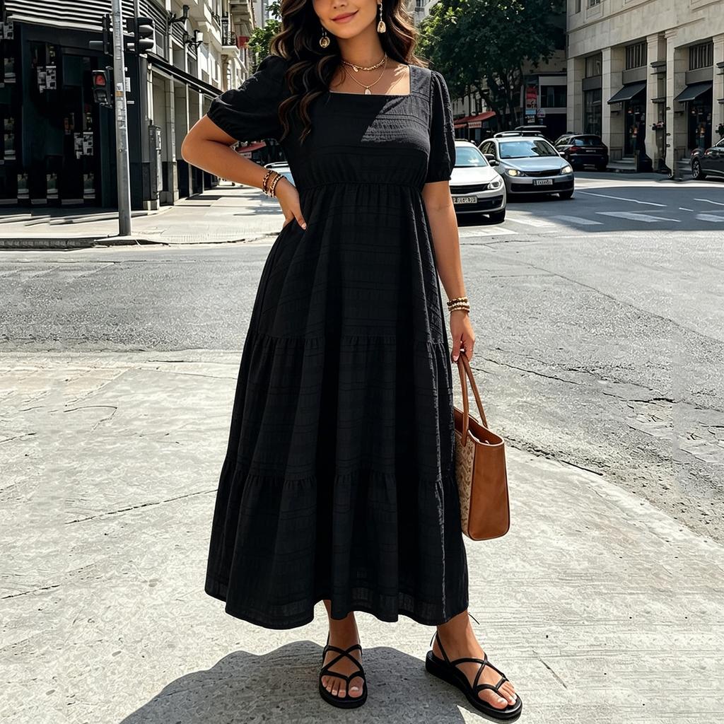Women Plus Size Bohemian Maxi Dress Square Neck Puff Sleeve Loose Fit Casual Long Dress for Summer Beachwear