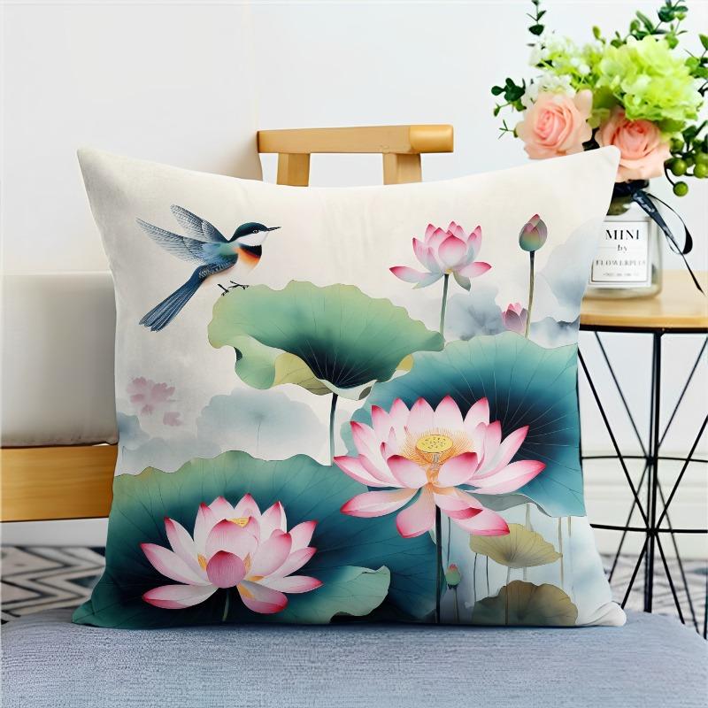 Chinese Style Ink Lotus Pillowcase Dormitory Decoration Office Living Room Home Pillowcase