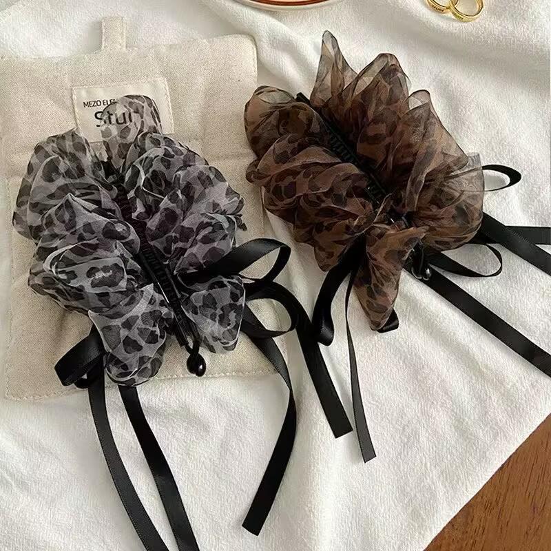Korean Leopard Print Multi-Layer Mesh Banana Clip for High Ponytails 2025