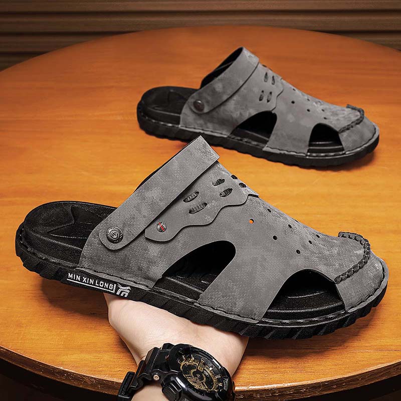 

Сандалии мужские летние нескользящие и износостойкие для вождения двойного назначения кожаная поверхность мягкая подошва для спорта на открытом воздухе пляжная сумка тапочки для головы 39 серый