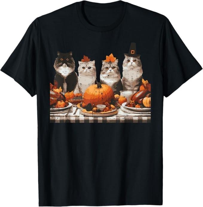 

Thanksgiving Cats Dinner Feast Vintage Fall Men Women Kids T-Shirt 4XL