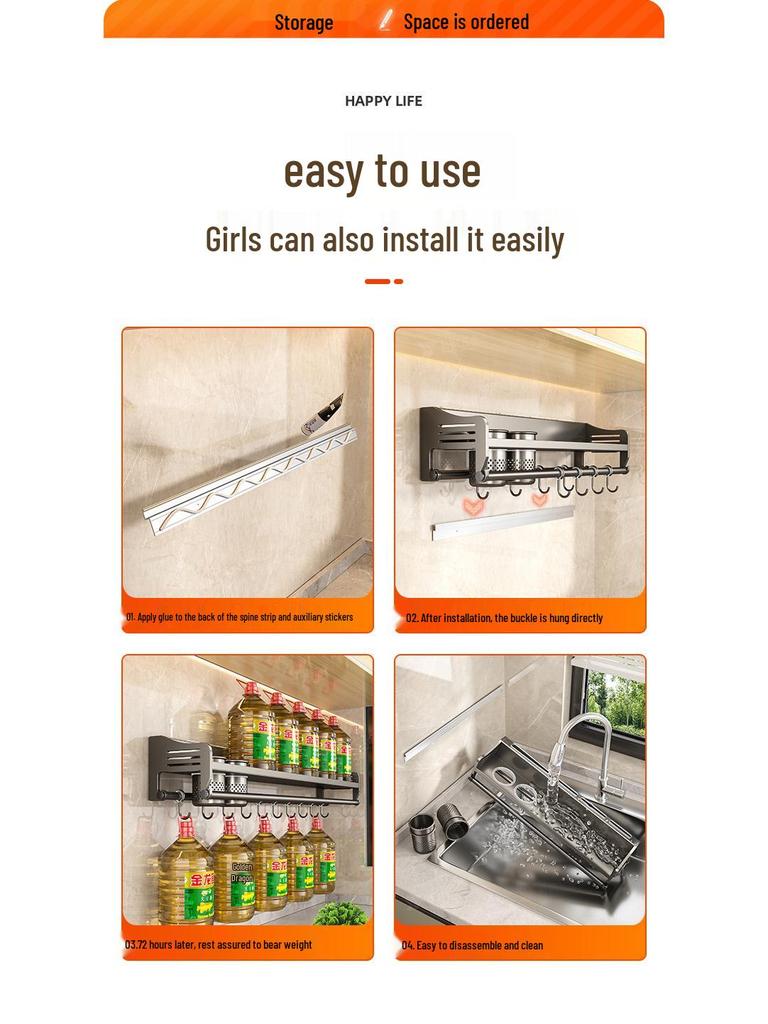 Lochfreies Wandmontiertes Küchenregal aus Edelstahl zur Aufbewahrung von Gewürzen, Essstäbchen und Messern