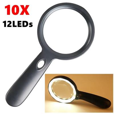 10x Handlupe mit 12 LED-Leuchten, Optische Lupa-Linse Lupe zum Lesen, Reparieren, für Münzen, Glaslupe