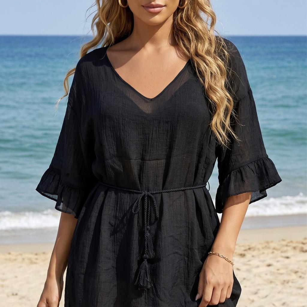 Sexy Backless Deep V Lace Beach Dress, Loose Bikini-style Women's Dress