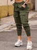 [Pantaloni Cargo ad Alta Elasticità] Pantaloni Jogger Cargo da Donna ad Alta Elasticità Stretti - Tasche Coperte, Vita con Coulisse, Colore Unico Nero Miscela di Poliestere