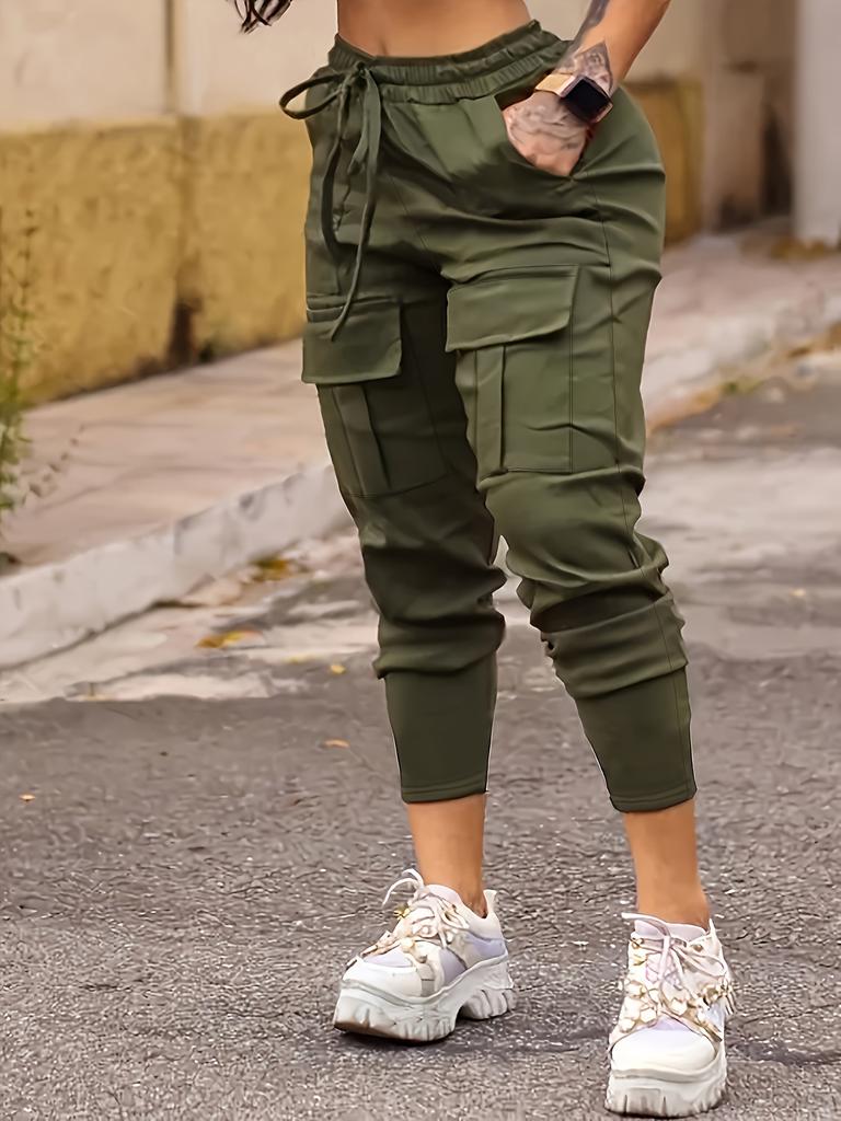 [Pantaloni Cargo ad Alta Elasticità] Pantaloni Jogger Cargo da Donna ad Alta Elasticità Stretti - Tasche Coperte, Vita con Coulisse, Colore Unico Nero Miscela di Poliestere