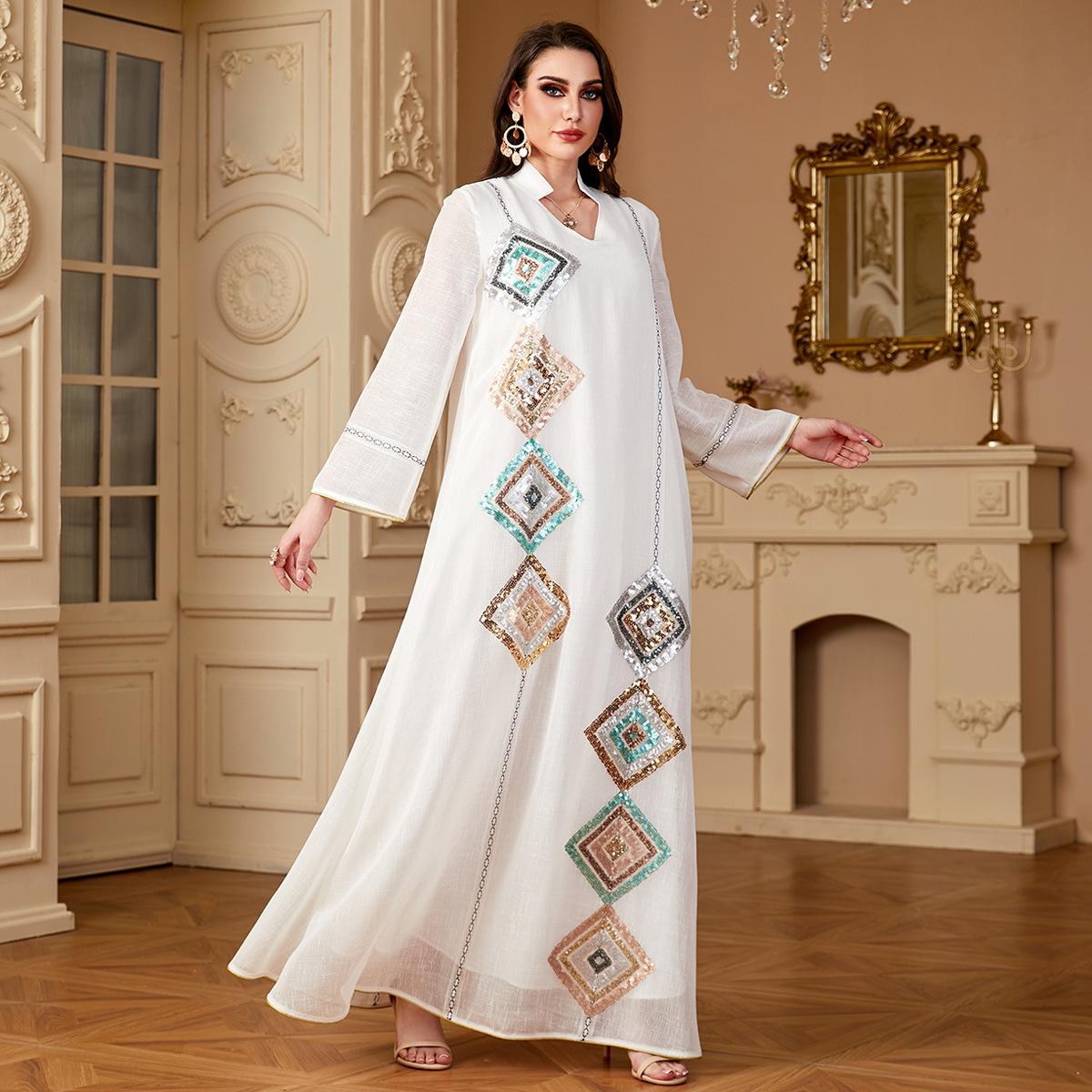 

Женское платье-абайя с длинными рукавами и пайетками — стиль Саудовской Аравии и Дубая Extra Large белый