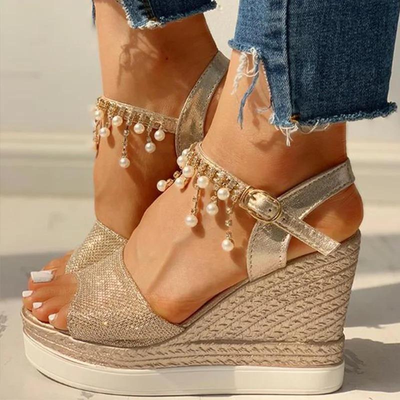 Fashion 2024 New Women Wedge Sandals Summer Bead Studded Detail Platform Sandals Buckle Strap Peep Toe Thick Bottom Casual Shoes Ladies