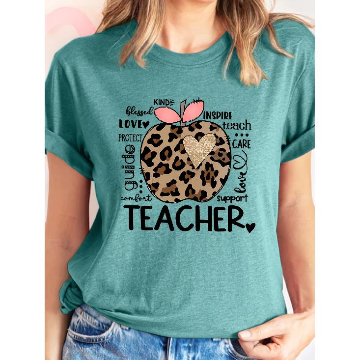 Single-piece women's short-sleeve shirt T Shirt Leopard print Apple teacher-themed casual crew neck sports top Suitable for wear in spring, summer,