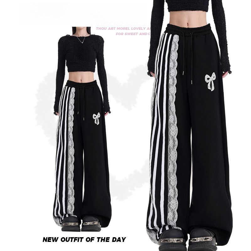 

Женские полосатые кружевные спортивные штаны в американском стиле - Повседневные, широкие, прямые, для ношения весной/осенью L