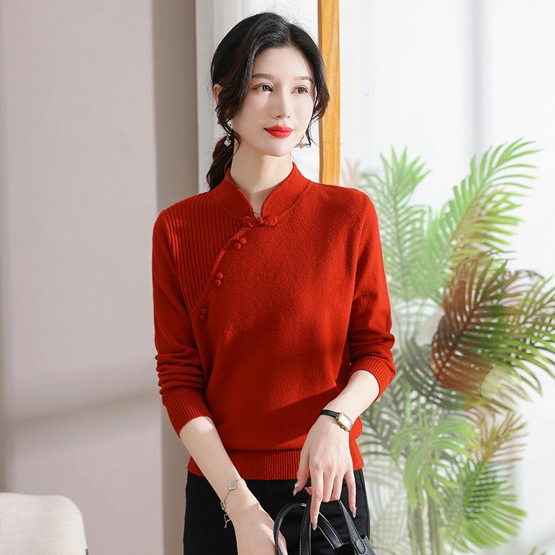 Women's Retro Qipao Collar Knit Sweater - Plus Size, Loose Fit, Solid Color for Middle-Aged & Elderly (2023 Autumn/Winter)