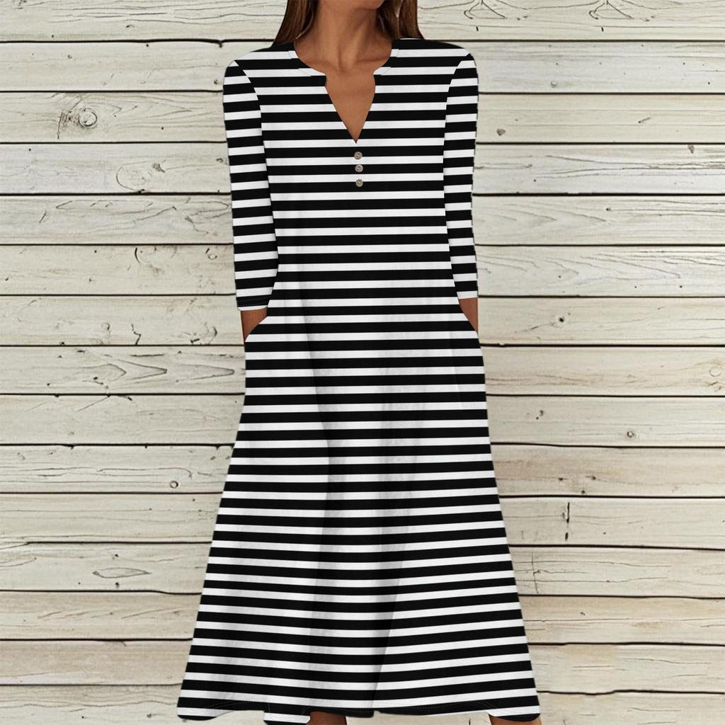 Women's Summer Casual V-Neck Button Stripe Printed Three-quarter Sleeve Long Dress With Pockets