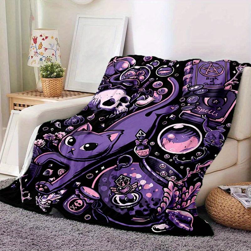 Purple Cat Halloween Print Flannel Blanket,Outdoor Camping & Hiking Throw, Cozy Chair & Sofa Cover, Machine Washable