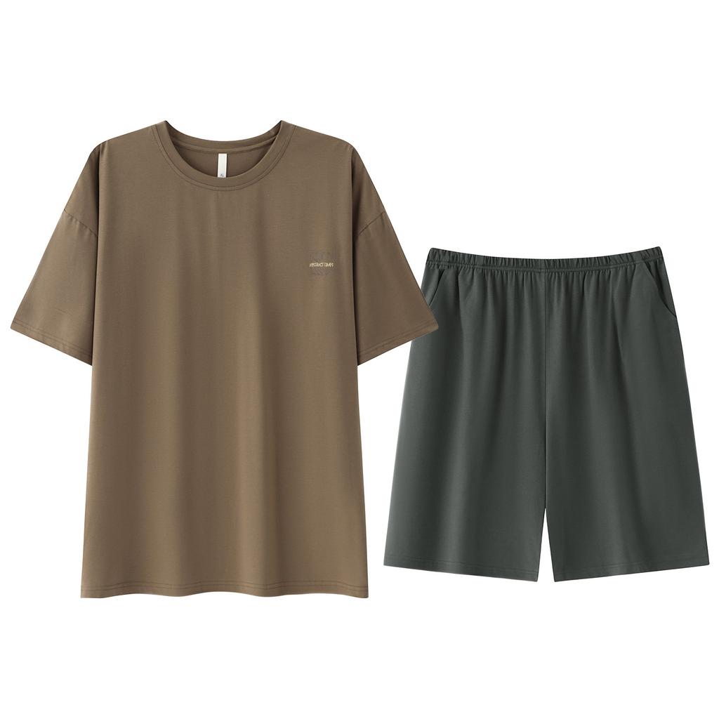 Men's Pajamas Summer Thin Solid Color Short-sleeved Shorts Loose and Simple Casual Style Pure Cotton Loungewear Can Be Worn Outside