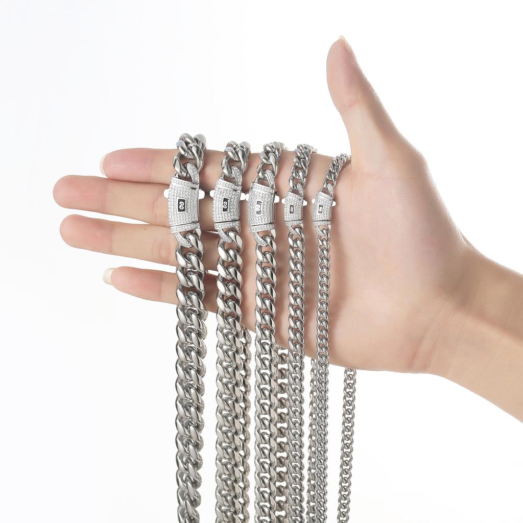 Edelstahl Halskette 6mm-14mm Rundschliff Verschlüsselt 14K Gold Kubanische Kette mit Zirkonia Federverschluss Titanstahlkette