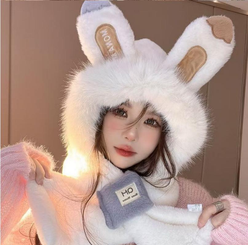 Winter Cute Hat Scarf Integrated Hat Women Thickened Hat Winter Cute Plush Furry Plus Scarf Two-piece Set Warm Windproof Hat