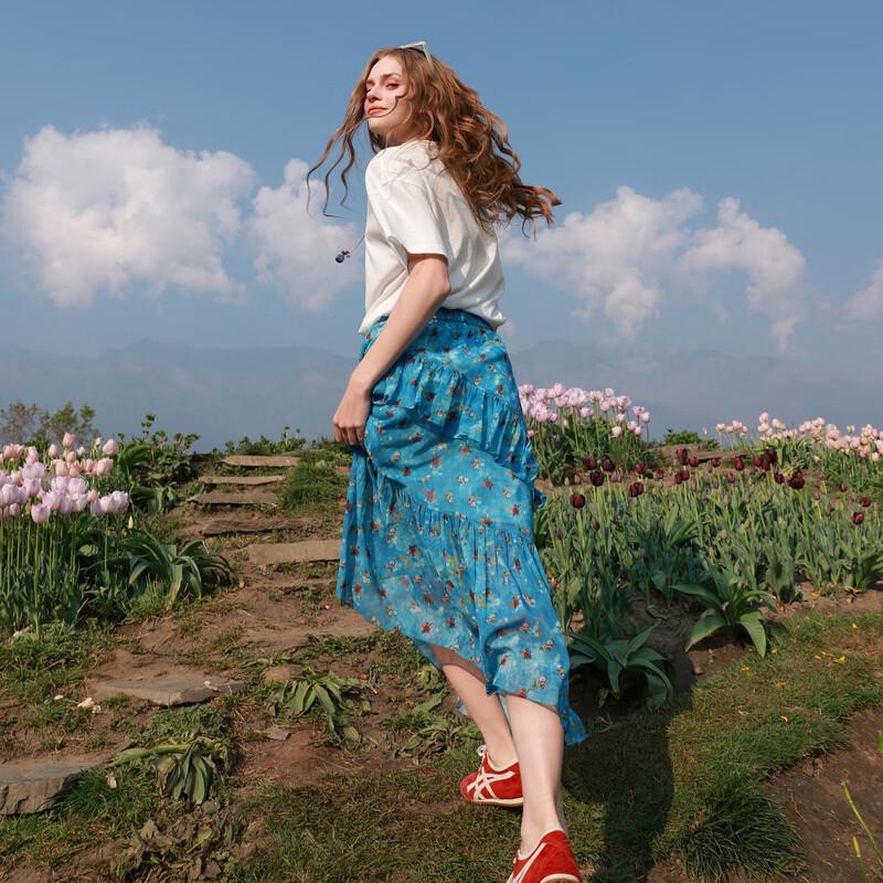 SanCai Summer 2026 High-Waist Floral A-Line Chiffon Skirt