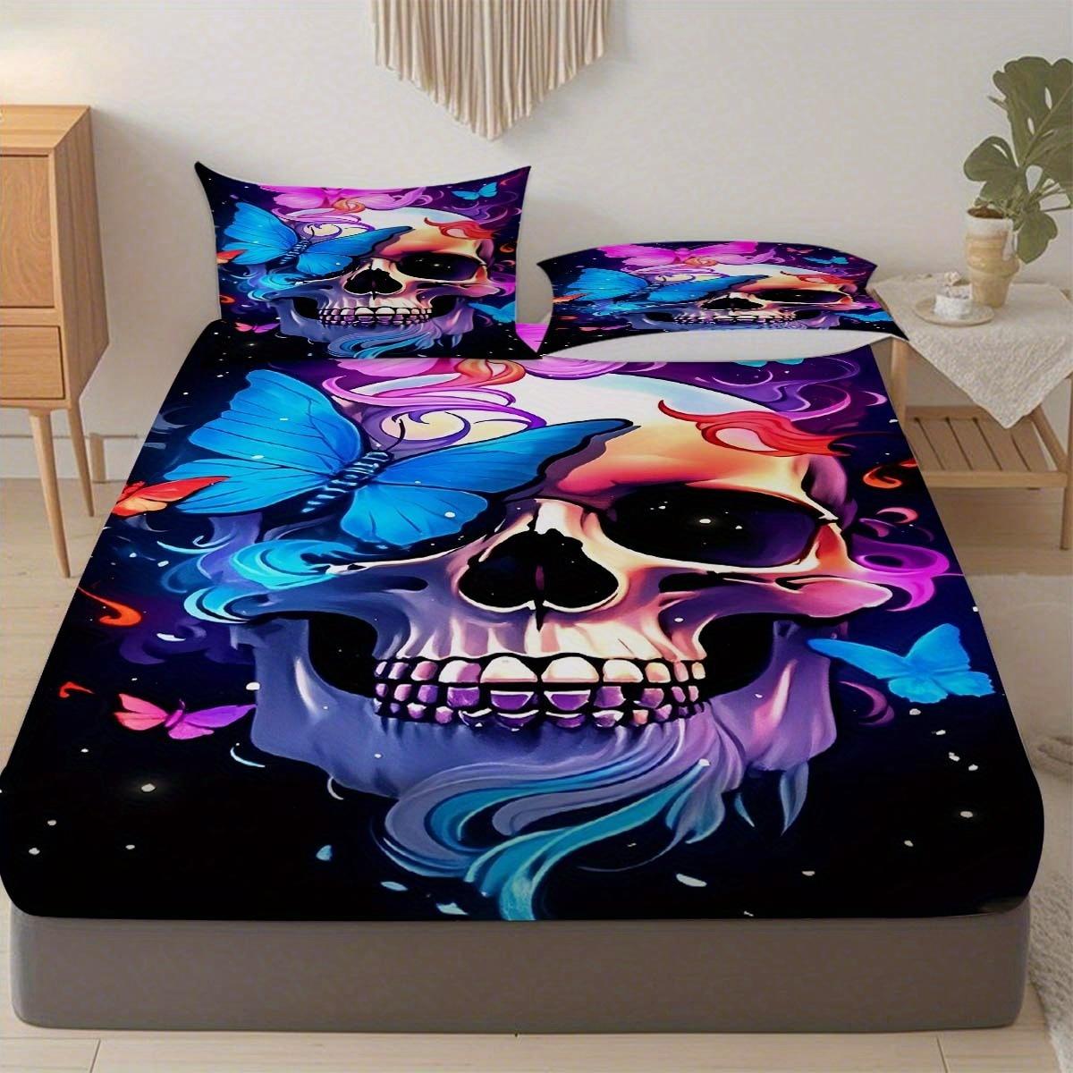 

1pc Blue Fitted Sheet Skeleton Butterfly 3D Print 100% Polyester Cover Breathable Bedding Set Home Decor without Pillowcases 99x190x25cm