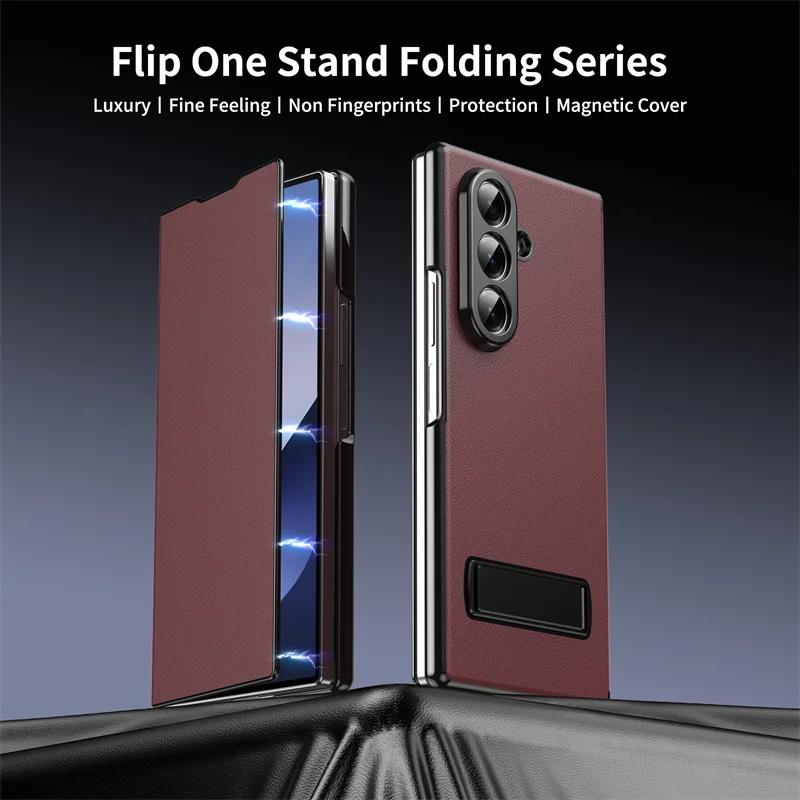 

High End Folding Texture Flip Holder Phone Case for Samsung Galaxy Z Fold 7 6 5 4 3 Magnetic Suction with Lens Protection Cover Galaxy Z Fold3 5G вина червоного кольору