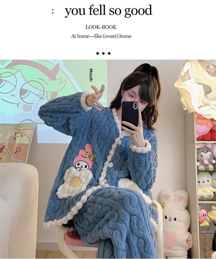 Pyjama Doux en Polaire Grande Taille pour Femmes: Cardigan d'hiver mignon avec du corail pelucheux