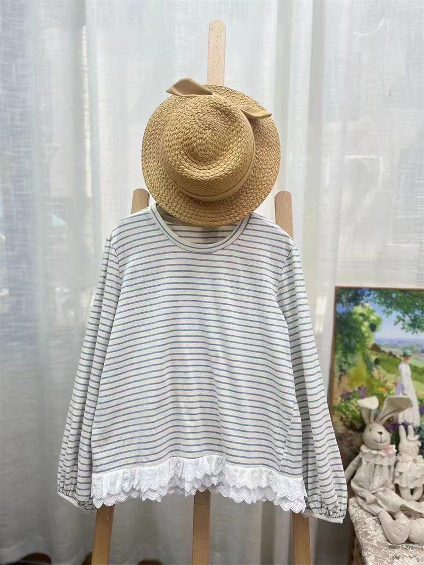 

Johnature Autumn Sweet Forest Double-layer Lace Striped Long Sleeve T-shirt For Women Round Neck Pullover Knit Tops One Size синій