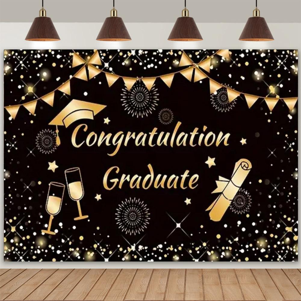 Abschlussfoto-Hintergrund, Glückwünsche, Abschlussfeier, Abschlusskappe mit gold-schwarzem Pailletten, Plakat mit personalisiertem Text, Banner