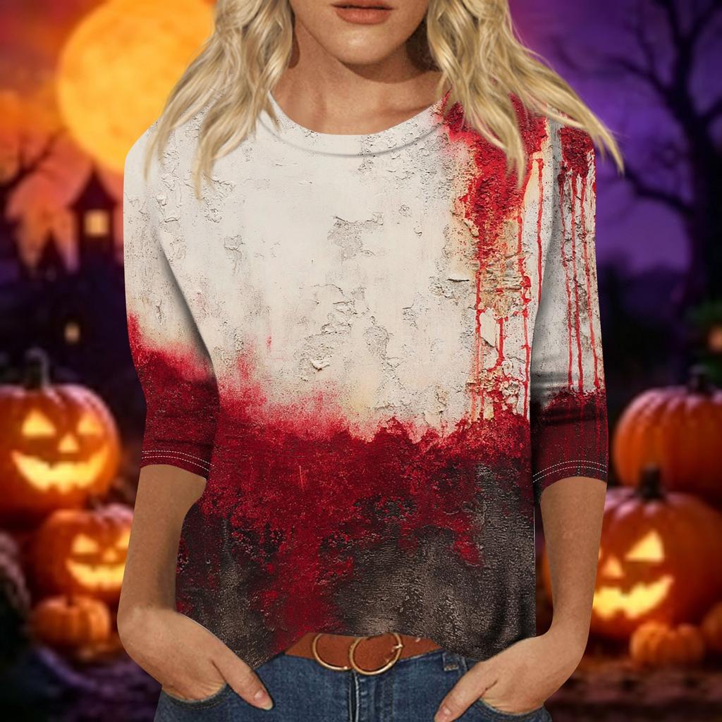 Women’s Casual Three Quarter Sleeve Crew Neck Top Tie Dye Halloween Themed Print Relaxed Fit Soft Fabric for Daily Wear
