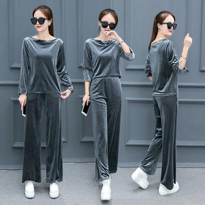 Velvet Sportswear for Women, Spring and Autumn, One-neck Loose Slimming Wide-leg Pants, Large-sized Long-sleeved Casual Set