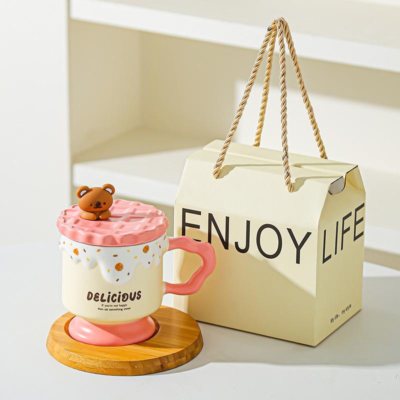 Tecknad Söt Björn Kakor Keramisk Mugg med Lock Högt Värde Kontors Vattenkopp Souvenirgåva Mugg