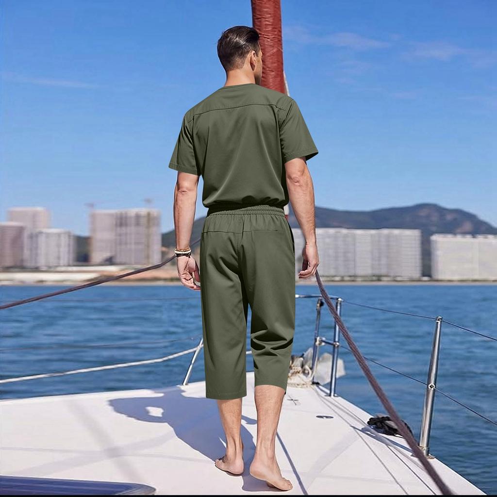 Herren Sieben-Viertel-Hose Elastischer Bund Kordelzug Tasche Lässig Strand Yoga Capri-Hose Leicht Bequem