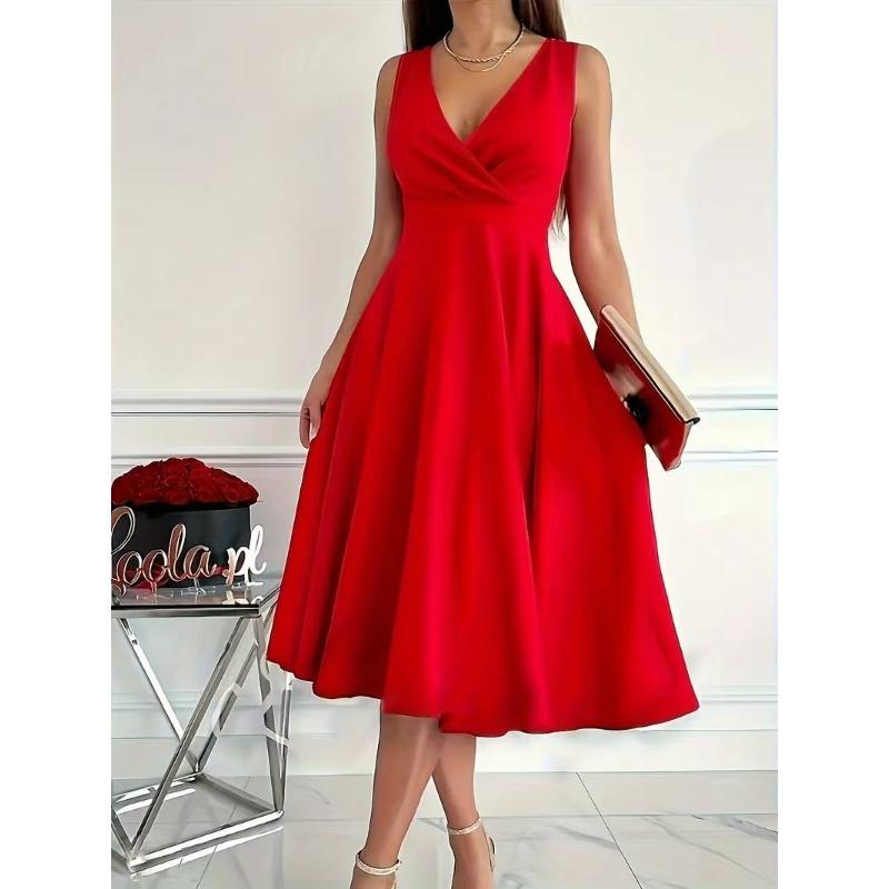 JPNTKY Fashion Summer Spring Solid Color Print Sleeveless V-Neck Casual Dresses