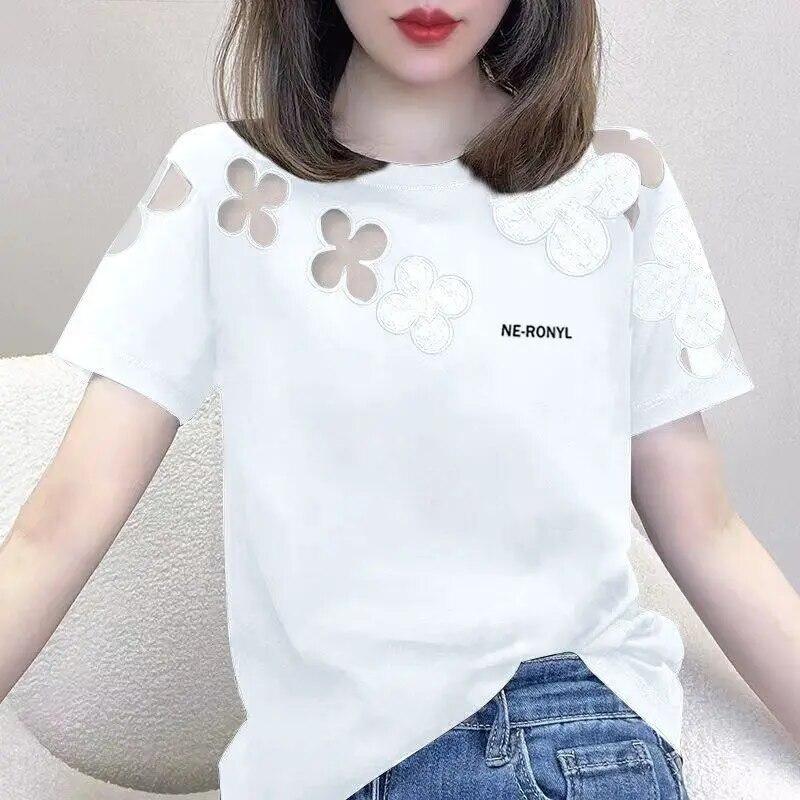 

Summer Fashion Elegant Loose Casual T-Shirts Women Solid Color Round Neck Short Sleeve Embroidered Hollow Tees XXXXXL білий