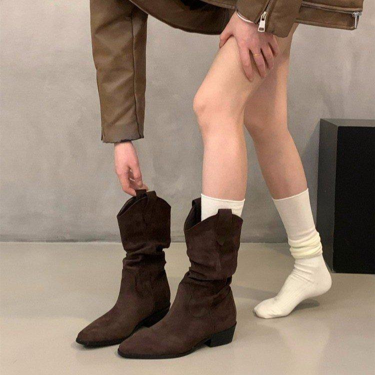 Cowhide version of Maillard boots, new pointed mid-boots, brown women's boots, pleated stacking boots, khaki cowboy boots