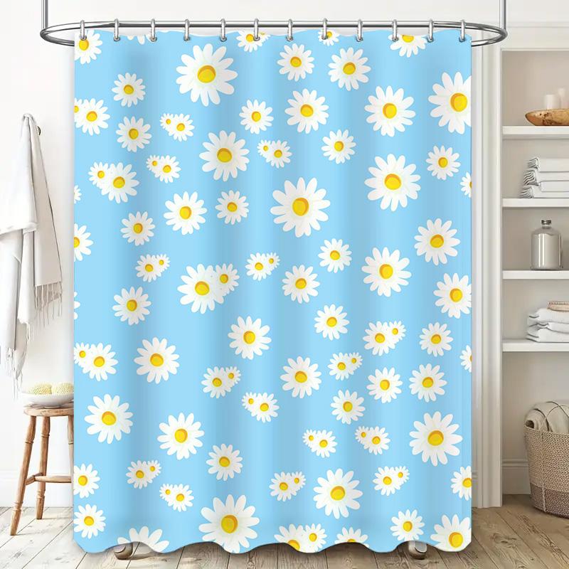 Blue Bath Mat With Yellow Daisies Pattern: Floral Decor Shower Curtain For Bathroom Accessories Decoration Waterproof Fabric Sho